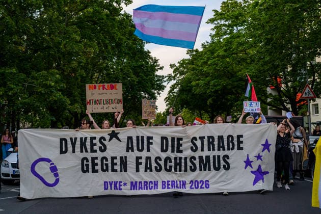 July 24, 2026, Berlin, Berlin, Germany: The head banner of the Dyke* March 2026 writes Dykes* at the streets against Fascism , at Dyke* March 2026, on July 24 2026, in Berlin, Germany. Thousands of demonstrators marched in the streets of Berlin s City Center and Kreuzberg districts for the annual Dyke* March just a day before the annual CSD parade and Internationalist Queer Pride Berlin Germany - ZUMAk201 20260724_zip_k201_019 Copyright: xNikosxKanistrasx