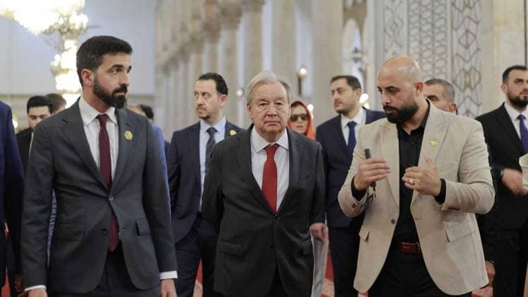 UN chief Guterres arrives in Damascus on first visit by a secretary-general since 2009 DAMASCUS, SYRIA - JULY 25: (----EDITORIAL USE ONLY - MANDATORY CREDIT - SYRIAN FOREIGN MINISTRY HANDOUT - NO MARKETING NO ADVERTISING CAMPAIGNS - DISTRIBUTED AS A SERVICE TO CLIENTS----) UN Secretary-General Antonio Guterres visits Umayyad Mosque and Old City on the first visit by a UN chief to the country since 2009 in Damascus, Syria on July 25, 2026. Syrian Foreign Ministry Anadolu Damascus Syria. Editorial use only. Please get in touch for any other usage.  Copyright: x2026xAnadoluxSyrianxForeignxMinistryx