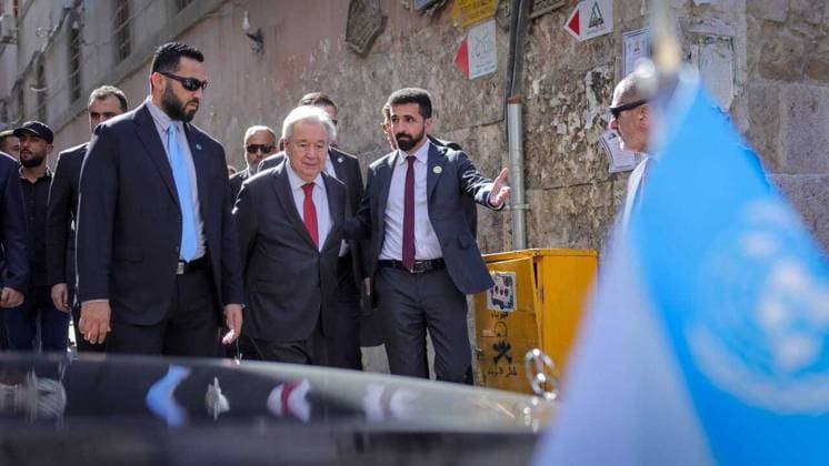 UN chief Guterres arrives in Damascus on first visit by a secretary-general since 2009 DAMASCUS, SYRIA - JULY 25: (----EDITORIAL USE ONLY - MANDATORY CREDIT - SYRIAN FOREIGN MINISTRY HANDOUT - NO MARKETING NO ADVERTISING CAMPAIGNS - DISTRIBUTED AS A SERVICE TO CLIENTS----) UN Secretary-General Antonio Guterres visits Umayyad Mosque and Old City on the first visit by a UN chief to the country since 2009 in Damascus, Syria on July 25, 2026. Syrian Foreign Ministry Anadolu Damascus Syria. Editorial use only. Please get in touch for any other usage.  Copyright: x2026xAnadoluxSyrianxForeignxMinistryx