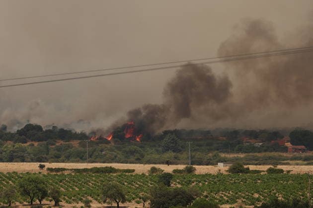 The fire is spreading slowly at night and has lost some intensity, but winds are expected to pick up this morning. View of the wildfire, July 25, 2026, in San Martín de Valdeiglesias, Madrid, Spain. Overnight, the change in weather conditions—with less wind, higher humidity, and cooler temperatures—has helped, although the fire remains active. The authorities’ priority is to prevent the fire from reaching El Escorial or merging with the one affecting the Burgohondo area, in Ávila. JULY 25, 2026 FIRE HELICOPTER FIREFIGHTERS SMOKE FLAMES San Martín de Valdeiglesias, Madrid, Spain San Martín de Valdeiglesias, Madrid, Spain  Copyright: xEduardoxParrax 7687493