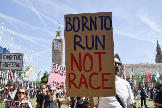 July 25, 2026, London, England, United Kingdom: Protesters gather in Parliament Square during a march calling for an end to dog racing. The march dubbed Century of Suffering marks 100 years of greyhound racing in the UK. London United Kingdom - ZUMAv130 20260725_zip_v130_078 Copyright: xVukxValcicx