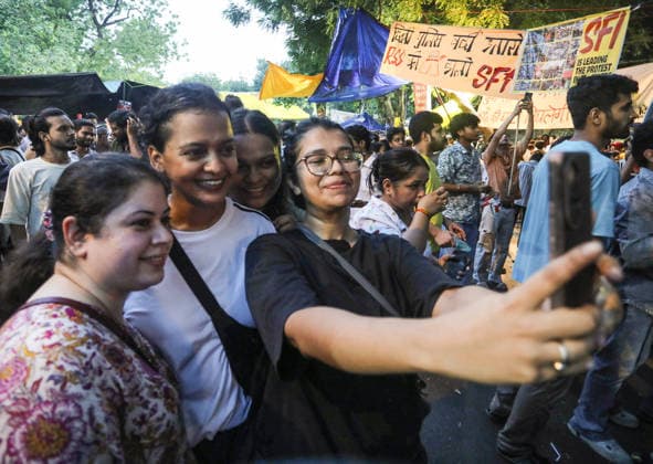 CJP supporters at the protest site following the resignation of Union Education Minister Dharmendra Pradhan New Delhi, Jul 25 (ANI): CJP supporters click a selfie at the protest site following the resignation of Union Education Minister Dharmendra Pradhan, in New Delhi on Saturday. New Delhi Delhi India Copyright: xANIx ANI_20260725470