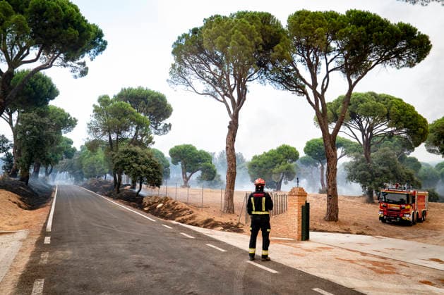 The fire is spreading slowly at night and has lost some intensity, but winds are expected to pick up this morning. A fire truck is working to extinguish the fire on July 25, 2026, in San Martín de Valdeiglesias, Madrid, Spain. Overnight, the change in weather conditions—with less wind, higher humidity, and cooler temperatures—has helped, although the fire remains active. The authorities’ priority is to prevent the fire from reaching El Escorial or merging with the one affecting the Burgohondo area, in Ávila. JULY 25, 2026 FIRE HELICOPTER FIREFIGHTERS SMOKE FLAME WATER BOMBER ON FOOT San Martín de Valdeiglesias, Madrid, Spain San Martín de Valdeiglesias, Madrid, Spain  Copyright: xA.xPÃ rezxMecax 7687669