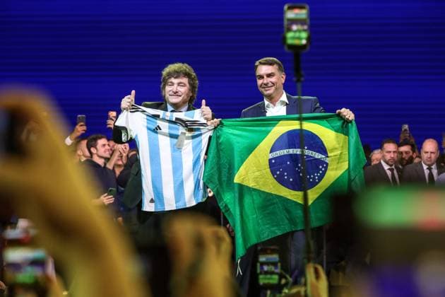 PL officially nominates Flavio Bolsonaro for president. President of Argentina, Javier Milei, during the national convention of the Liberal Party (PL) that formalized the candidacy of Senator Flavio Bolsonaro (PL) for the presidency of the Republic, at Mercado Pago Hall, in Arena Pacaembu, west zone of Sao Paulo, this Saturday, July 25, 2026. Sao Paulo Sao Paulo Brasil Copyright: xMarinaxUezimax