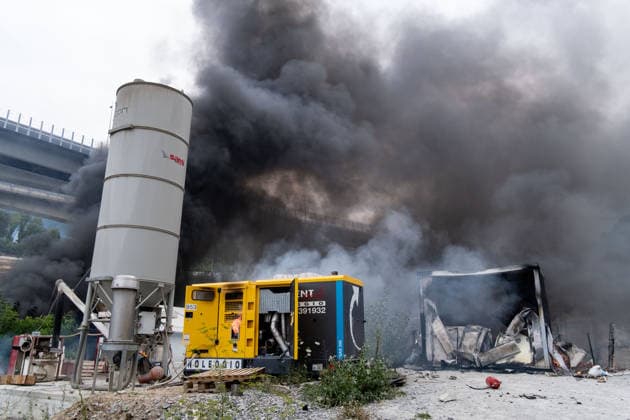 July 25, 2026, Susa, Piedmont, Italy: On July 25, 2026, thousands of people departed from AltaFelicito , a music festival in Venaus, to reach the construction sites of the TAV (High speed rail), a railway project to connect Italy and France. The demonstrators managed to enter the site and there clashed with the police, who responded with tear gas. Many of the buildings inside were put on fire, including two police vehicles. The TAV project has been highly contested during the last 30 years because of environmental damages and increasing costs. Susa Italy  - ZUMAs377 20260725_znp_s377_005 Copyright: xPietroxStariccox