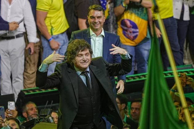 July 25, 2026: Argentine leader Javier Milei (front) participates in the Liberal Party (PL) political gathering in Sao Paulo, Brazil. The country s leading conservative party formalized the presidential bid of Flavio Bolsonaro. - ZUMAl146 20260725_aaf_l146_012 Copyright: xPauloxLopesx