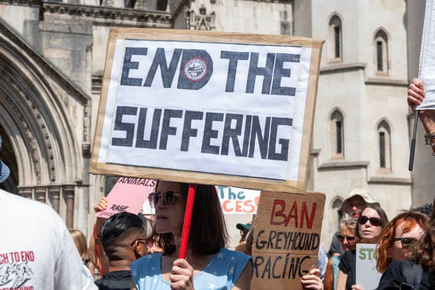 Demonstration against Greyhound race in London, UK - 25 Jul 2026 An animal rights activist holds a placard outside of the Royal Courts of Justice during the demonstration. Animal rights activists gathered outside of the Greyhound Board of Great Britain (GBGB) headquarters near the St Paul s Cathedral. The Greyhound Board of Great Britain (GBGB) serves as the governing and regulatory body for licensed greyhound racing in England because it was banned previously in Wales and Scotland. The protesters demand from the UK Government to ban the Greyhound racing immediately because 161 dog died during and after the race, just in 2025. London United Kingdom Copyright: xKrisztianxElekx xSOPAxImagesx SSS_20260725_GREYHOUND_DEMO_0011005081