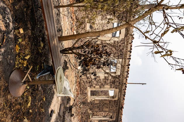 Wildfire evacuees shelter at Bordeaux Exhibition Centre - Bordeaux Burned residential properties are seen after the passage of the wildfire, smoke continues to rise from the affected areas as firefighters monitor remaining hotspots in Lège, France, on July 25, 2026. Photo by Margot Le Gonidec ABACAPRESS.COM Bordeaux France  Copyright: xLexGonidecxMargot ABACAx