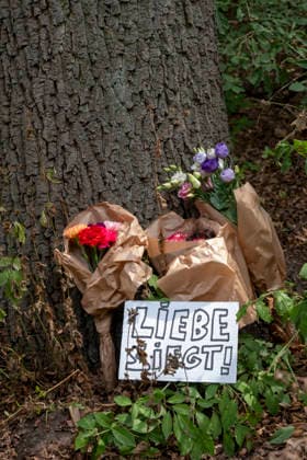 Blumen stehen an einem Baum in der Naehe des Anschlagsortes auf den CSD im Berliner Tiergarten (Foto vom 26.07.2026). Nach der Todesfahrt beim Berliner Christopher Street Day (CSD) am Samstagabend geht die Polizei von einem islamistisch motivierten Anschlag aus und fahndet nach einem polizeibekannten Tatverdaechtigen. Politik und Gesellschaft sind entsetzt ueber die Gewalttat. Bei dem Anschlag wurden nach Polizeiangaben am Samstagabend gegen 22 Uhr im Berliner Tiergarten mehrere Menschen durch ein fahrendes Fahrzeug und mehrere Personen durch Stichwerkzeuge verletzt. Ein Mensch sei dabei uns Leben gekommen, 16 weitere seien verletzt worden. (Siehe epd-Meldung vom 26.07.2026) EDITORIAL USE ONLY *** Flowers are placed at the base of a tree ne Copyright: epd-bild RolfxZoellner epd-CSD_Anschlag22-kopieren