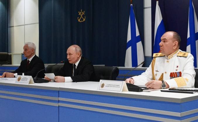 Russia Putin North Western Federal District 9212163 26.07.2026 Russian President Vladimir Putin, Defence Minister Andrei Belousov and Commander-in-Chief of the Russian Navy Admiral Alexander Moiseev attend a meeting with military commanders on Navy Day at the Admiralty headquarters in St. Petersburg, Russia. Alexei Danichev Sputnik St. Petersburg Russia  Copyright: xAlexeixDanichevx