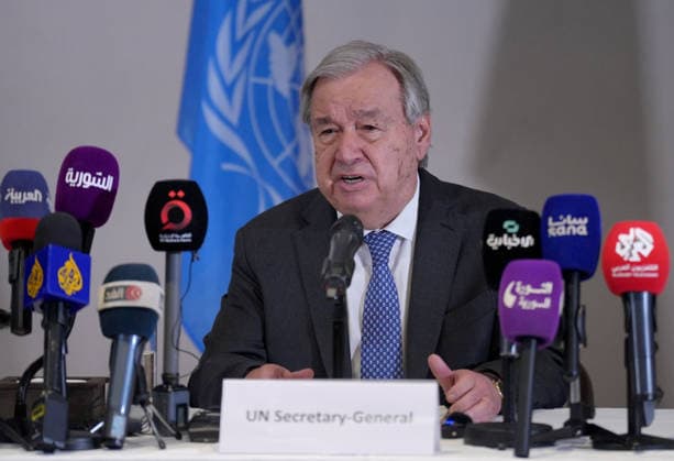 (260726) -- DAMASCUS, July 26, 2026 -- UN Secretary-General Antonio Guterres hosts a press conference during his visit to Syria in Damascus, Syria, July 26, 2026. Guterres visited Syria on Saturday, pledging continued UN support for the country s recovery and reconstruction in the first visit by a UN chief to Damascus since 2009. (Photo by Xinhua) SYRIA-DAMASCUS-UN SECRETARY-GENERAL-VISIT AmmarxSafarjalani 