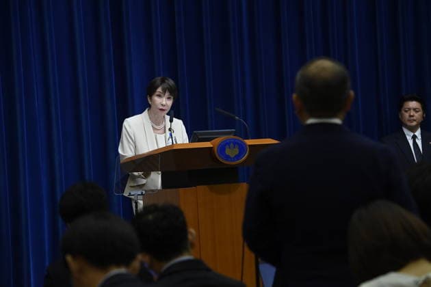 Japanese PM Takaichi holds press conference as Cabinet support falls TOKYO, JAPAN - JULY 27: Japanese Prime Minister Sanae Takaichi holds a press conference at the Prime Minister’s Office following the close of the 221st extraordinary session of the Diet, in Tokyo, Japan, on July 27, 2026. David Mareuil Anadolu Tokyo Japan. Editorial use only. Please get in touch for any other usage.  Copyright: x2026xAnadoluxDavidxMareuilx