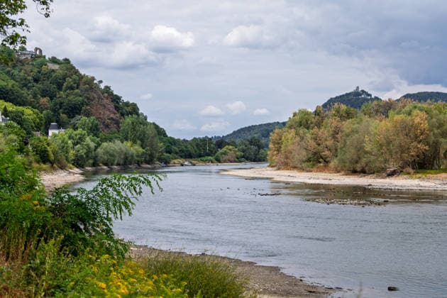 Niedrigwasser am Rhein bei Rolandseck - Fähre Bad Honnef weicht auf Behelfsrampe aus Niedrigwasser am Rhein bei Rolandswerth an der Rheininsel Nonnenwerth. Bei einem Pegelstand von 18 cm am Pegel Oberwinter haben anlegende Schiffe bereits Grundberührung. Im Hintergrund der Drachenfels im Siebengebirge bei Königswinter Remagen Rolandseck Rheinland-Pfalz Deutschland *** Low water levels on the Rhine near Rolandseck; the Bad Honnef ferry is using a temporary ramp Low water levels on the Rhine near Rolandswerth on the Rhine island of Nonnenwerth With the water level at the Oberwinter gauge at 18 cm, ships docking there are already running aground. In the background is the Drachenfels in the Siebengebirge near Königswinter, Remagen, Rolandse Copyright: xMarcxJohnx