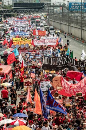 July 27, 2026, Quezon, Metro Manila, Philippines: Numbering in the thousands, multi-sectoral groups marched along Commonwealth Avenue for the Ã¢â‚¬ËœPeopleÃ¢â‚¬â ¢s SONAÃ¢â‚¬â ¢, coinciding with the 5th State of the Nation Address of Pres. Ferdinand Marcos Jr., July 27. Protesters called for greater accountability amidst government impunity, and the rejection of imperialist control of the United States over the Philippines in face of projects such as the Pax Silica Initiative which threatens to intensify issues of displacement and large-scale mining in the country. Quezon Philippines - ZUMAs383 20260727_zip_s383_013 Copyright: xNathanielxSorianox