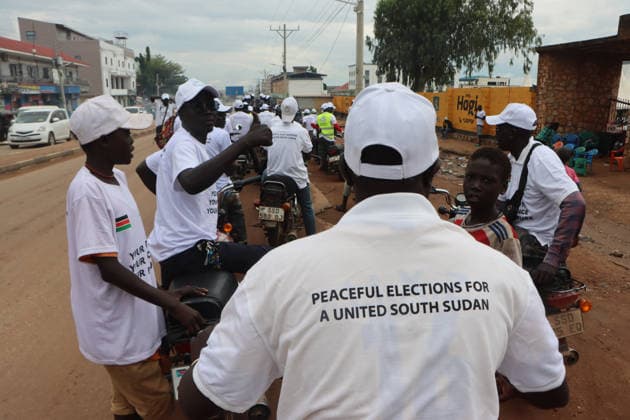 July 27, 2026, Juba, Ces Juba, South Sudan: Boda-boda (motorcycle taxi) drivers line up and prepare to join the awareness procession organized by the National Elections Commission in Juba , South Sudan, on July 27, 2026. The boda bodas accompanied the NEC loudspeaker vehicle as it departed from Rainbow Square to tour the streets of Juba, spreading voter education messages ahead of the official launch of the nationwide civic and voter education campaign on July 27, 2026. Juba South Sudan - ZUMAb132 20260727_zip_b132_001 Copyright: xSamirxBolx