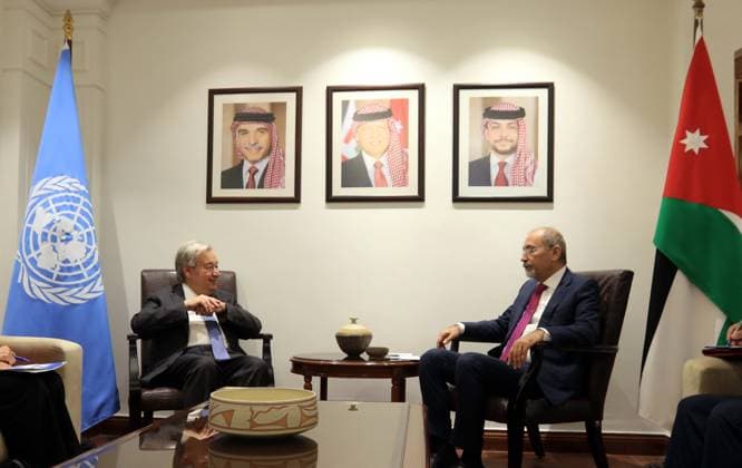 (260727) -- AMMAN, July 27, 2026 -- Jordan s Deputy Prime Minister and Minister of Foreign Affairs and Expatriates Ayman Safadi (R) and UN Secretary-General Antonio Guterres meet in Amman, Jordan, July 27, 2026. (Photo by Xinhua) JORDAN-AMMAN-UN CHIEF-VISIT MohammadxAbuxGhosh 