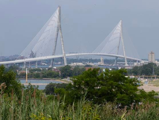 (260727) -- WINDSOR(CANADA), July 27, 2026 -- The Gordie Howe International Bridge is seen from the Canadian side in Windsor, Ontario, Canada, on July 27, 2026. Canada on Monday opened a new international bridge linking Windsor, Ontario and Detroit, U.S., providing the newest and largest land border crossing with the United States despite escalating trade tensions between the two countries. (Photo by Xinhua) CANADA-U.S.-BORDER BRIDGE-OPENING ZouxZheng 