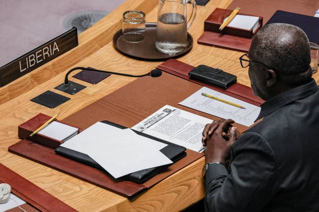 July 27, 2026, New York, New York, United States: LEWIS G. BROWN II, Permanent Representative of Liberia to the United Nations, speaks during a United Nations Security Council meeting on Russian attacks on civilian cargo vessels and port infrastructure in UkraineÃ¢â‚¬â ¢s Black Sea maritime corridor. Brown stressed that attacks on civilian shipping have consequences far beyond the conflict, underscoring the need to protect freedom of navigation, uphold international law, and safeguard global food security and international trade. New York United States  - ZUMAo116 20260727_znp_o116_022 Copyright: xBiancaxOterox