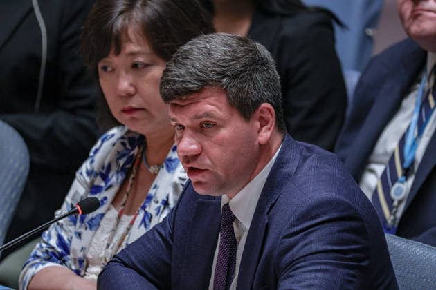 July 27, 2026, New York, New York, United States: VOLODYMYR PAVLICHENKO, Deputy Permanent Representative of Ukraine to the United Nations, speaks during a United Nations Security Council meeting on Russian attacks on civilian cargo vessels and port infrastructure in UkraineÃ¢â‚¬â ¢s Black Sea maritime corridor. Pavlichenko accused Russia of deliberately targeting UkraineÃ¢â‚¬â ¢s grain exports and civilian shipping, saying that nearly 50 cargo vessels had been attacked in June and July alone, killing more than 30 people, and called for stronger international action to protect freedom of navigation and global food security. New York United States  - ZUMAo116 20260727_znp_o116_027 Copyright: xBiancaxOterox