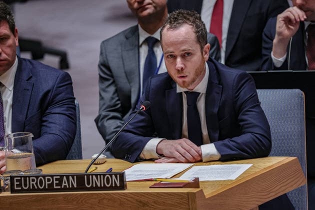 July 27, 2026, New York, New York, United States: QUENTIN WEILER, Representative of the Delegation of the European Union to the United Nations, speaks during a United Nations Security Council meeting on Russian attacks on civilian cargo vessels and port infrastructure in UkraineÃ¢â‚¬â ¢s Black Sea maritime corridor. Weiler condemned RussiaÃ¢â‚¬â ¢s attacks on civilian shipping and port infrastructure, reaffirmed the European UnionÃ¢â‚¬â ¢s support for Ukraine, and called for the protection of freedom of navigation, accountability under international law, and the safeguarding of global food security. New York United States  - ZUMAo116 20260727_znp_o116_030 Copyright: xBiancaxOterox