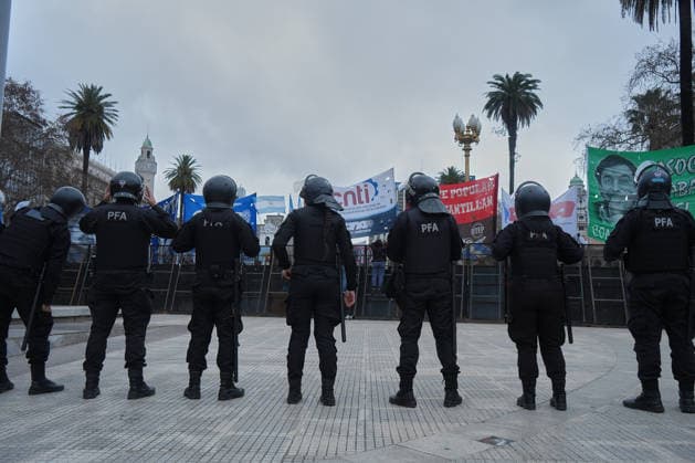 Demonstrators protest IMF chief Kristalina Georgieva s visit to Argentina BUENOS AIRES, ARGENTINA - JULY 27: Police officers stand guard as demonstrators protest against the visit of International Monetary Fund (IMF) Managing Director Kristalina Georgieva in Buenos Aires, Argentina, on July 27, 2026. During her visit, Georgieva holds talks with Argentina s Economy Minister Luis Caputo to review compliance with economic targets and the status of the country s debt agreement with the IMF, before meeting President Javier Milei amid a heavy police presence and street protests opposing the IMF s role in the country. Luciano Gonzalez Anadolu Buenos Aires Argentina. Editorial use only. Please get in touch for any other usage.  Copyright: x2026xAnadoluxLucianoxGonzalezx
