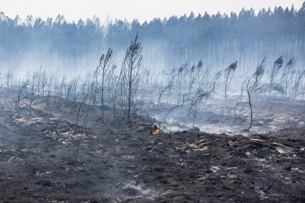 Burned Properties After The Gironde Wildfires - Lege Burned residential properties are seen after the passage of the wildfire, smoke continues to rise from the affected areas as firefighters monitor remaining hotspots in Lège, France, on July 27, 2026. Photo by Margot Le Gonidec ABACAPRESS.COM Lège France  Copyright: xLexGonidecxMargot ABACAx