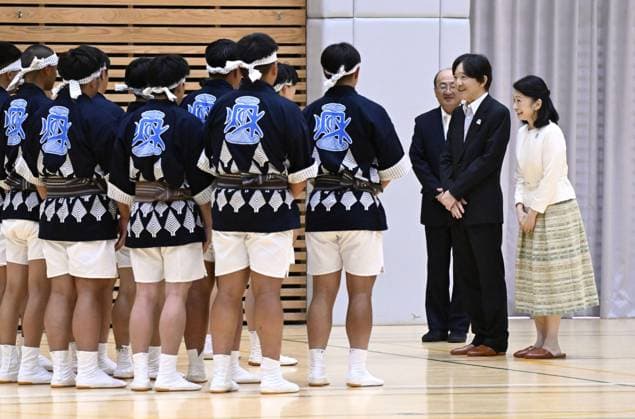 Japan crown prince at high school cultural festival Japan s Crown Prince Fumihito and Crown Princess Kiko chat with students who will perform during the Kanto Festival at a high school in Akita on July 27, 2026. The imperial couple is visiting the northeastern Japan city, where a national high school cultural festival is held.  A14AA0005624304P