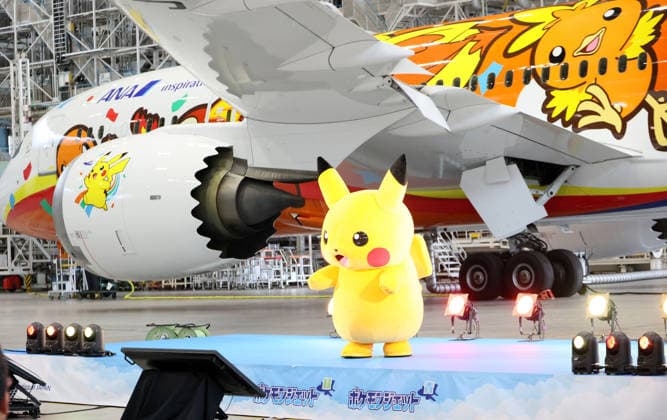 July 28, 2026, Tokyo, Japan - Mokemon character Pikachu dances as Japan s largest air carrier All Nippon Airways (ANA) displays the special designed aircraft with Pokemon characters Red Pokemon Jet to mark the 30th annivrersary of the partnership of ANA and Pokemon at the ANA hangar near the Haneda airport in Tokyo on Tuesday, July 28, 2026. ANA will start domestic flight services of Red Pokemon Jet from July 29. (photo by Yoshio Tsunoda AFLO)  aflo_339375469