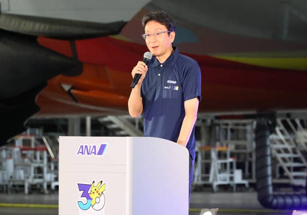 July 28, 2026, Tokyo, Japan - All Nippon Airways (ANA) executive vice president Keiji Omae delivers a speech as ANA displays the special designed aircraft with Pokemon characters Red Pokemon Jet to mark the 30th annivrersary of the partnership of ANA and Pokemon at the ANA hangar near the Haneda airport in Tokyo on Tuesday, July 28, 2026. ANA will start domestic flight services of Red Pokemon Jet from July 29. (photo by Yoshio Tsunoda AFLO)  aflo_339375473