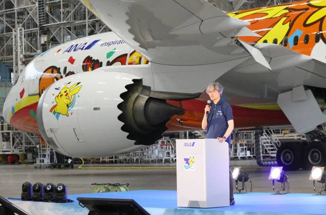 July 28, 2026, Tokyo, Japan - Pokemon company COO Takato Utsunomiya delivers a speech as All Nippon Airways (ANA) displays the special designed aircraft with Pokemon characters Red Pokemon Jet to mark the 30th annivrersary of the partnership of ANA and Pokemon at the ANA hangar near the Haneda airport in Tokyo on Tuesday, July 28, 2026. ANA will start domestic flight services of Red Pokemon Jet from July 29. (photo by Yoshio Tsunoda AFLO)  aflo_339375479