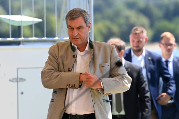 Markus SOEDER (Ministerpraesident Bayern und CSU Vorsitzender) Einzelbild,angeschnittenes Einzelmotiv,Halbfigur,halbe Figur, Pressekonferenz. Das Bayerische Kabinett tagt am 28.07.2026 auf der MS Starnberg auf dem Starnberger See. *** Markus SOEDER, Minister-President of Bavaria and CSU Chairman; single image, cropped shot, half-length portrait, press conference. The Bavarian Cabinet is meeting on July 28, 2026, aboard the MS Starnberg on Lake Starnberg.