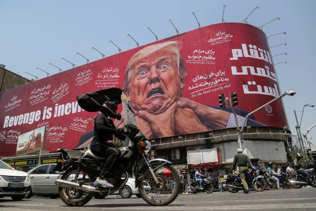 Giant revenge billboard targeting Trump erected in central Tehran TEHRAN, IRAN – JULY 28: A view of a giant billboard depicting U.S. President Donald Trump with the words Revenge Is Inevitable displayed at the intersection of Jomhuri Street and Vali-e Asr Street in Tehran, Iran, on July 28, 2026. Fatemeh Bahrami Anadolu Tehran Iran. Editorial use only. Please get in touch for any other usage.  Copyright: x2026xAnadoluxFatemehxBahramix