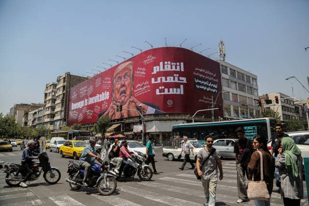Giant revenge billboard targeting Trump erected in central Tehran TEHRAN, IRAN – JULY 28: A view of a giant billboard depicting U.S. President Donald Trump with the words Revenge Is Inevitable displayed at the intersection of Jomhuri Street and Vali-e Asr Street in Tehran, Iran, on July 28, 2026. Fatemeh Bahrami Anadolu Tehran Iran. Editorial use only. Please get in touch for any other usage.  Copyright: x2026xAnadoluxFatemehxBahramix