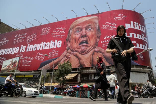 Giant revenge billboard targeting Trump erected in central Tehran TEHRAN, IRAN – JULY 28: A view of a giant billboard depicting U.S. President Donald Trump with the words Revenge Is Inevitable displayed at the intersection of Jomhuri Street and Vali-e Asr Street in Tehran, Iran, on July 28, 2026. Fatemeh Bahrami Anadolu Tehran Iran. Editorial use only. Please get in touch for any other usage.  Copyright: x2026xAnadoluxFatemehxBahramix