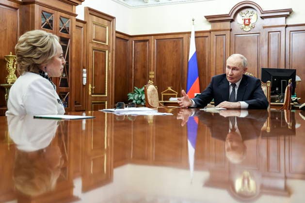 RUSSIA, MOSCOW - JULY 28, 2026: Valentina Matvienko, Speaker of the Russian Federation Council, and President Vladimir Putin hold a meeting at the Moscow Kremlin. Alexander Kazakov Russian Presidential Press and Information Office TASS  95559131