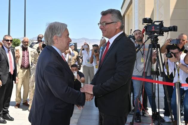 Antonio Guterres - Tufan Erhurman meeting in Lefkosia LEFKOSIA, TRNC - JULY 28: Turkish Republic of Northern Cyprus (TRNC) President Tufan Erhurman receives Secretary-General of the United Nations Antonio Guterres and his accompanying delegation in Lefkosia, Turkish Republic of Northern Cyprus on July 28, 2026. Ali Ruhluel Anadolu Lefkosia Turkish Republic of Northern Cyprus. Editorial use only. Please get in touch for any other usage.  Copyright: x2026xAnadoluxAlixRuhluelx