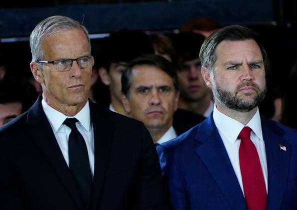 Vice President JD Vance (R) and Senate Majority Leader John Thune attend a Congressional Tribute to honor the late Sen. Lindsey Graham, R-SC, in the Rotunda of the U.S. Capitol in Washington, DC on Tuesday, July 28, 2026. Graham, who served in Congress for 31 years, died on July 11 at the age of 71.  WAP20260728908 BONNIExCASH