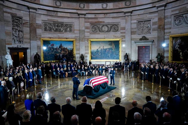 U.S. Capitol Police stand watch over the casket of the late Sen. Lindsey Graham during a Congressional tribute in the Rotunda of the U.S. Capitol in Washington DC on Tuesday, July 28, 2026. Graham, who served South Carolina in Congress for 31 years, died on July 11 at the age of 71.  WAP20260728915 BONNIExCASH