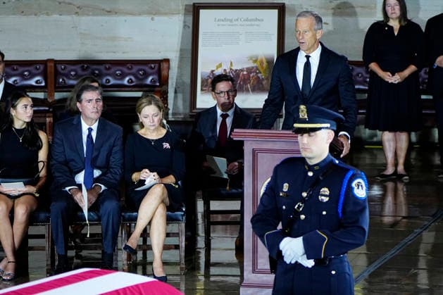 Senate Majority Leader John Thune speaks during a Congressional Tribute to honor the late Sen. Lindsey Graham, R-SC, in the Rotunda of the U.S. Capitol in Washington, DC on Tuesday, July 28, 2026. Graham, who served in Congress for 31 years, died on July 11 at the age of 71.  WAP20260728919 BONNIExCASH