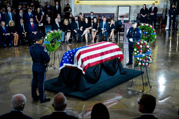 U.S. Capitol Police stand watch over the casket of the late Sen. Lindsey Graham during a Congressional tribute in the Rotunda of the U.S. Capitol in Washington DC on Tuesday, July 28, 2026. Graham, who served South Carolina in Congress for 31 years, died on July 11 at the age of 71.  WAP20260728935 BONNIExCASH