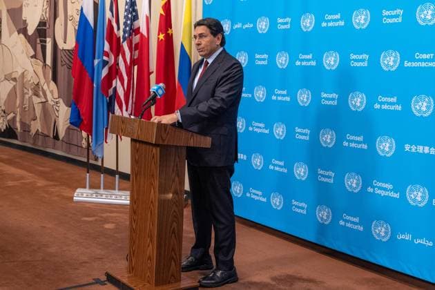 July 28, 2026, New York, New York, USA: Ambassador Danny Danon of Israel speaks to the press ahead of Security Council meeting on The situation in the Middle East, including the Palestinian question: Quarterly Open Debate at UN Headquarters in New York, NY on July 28, 2026. New York USA - ZUMAr339 20260728_znp_r339_007 Copyright: xLevxRadinx