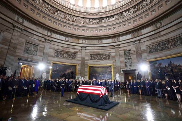 The casket of the late Sen. Lindsey Graham lies in the Rotunda of the U.S. Capitol during a Congressional tribute in Washington DC on Tuesday, July 28, 2026. Graham, who served South Carolina in Congress for 31 years, died on July 11 at the age of 71. Pool  WASP20260728110 JIMxLOxSCALZO