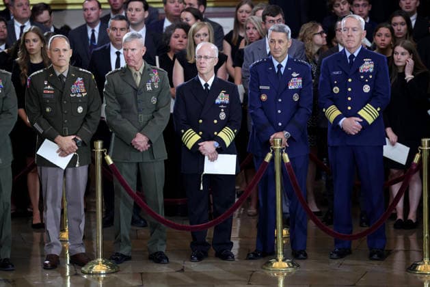 July 28, 2026, Washington, District Of Columbia, USA: WASHINGTON, DC - JULY 28: Vice Chief of Staff of the Army and acting Chief of Staff of the Army: Gen. Christopher LaNeve; Commandant of the Marine Corps: Gen. Eric M. Smith; Chief of Naval Operations: Adm. Daryl Caudle; Chief of the National Guard Bureau Airforce Gen. Steven S. Nordhaus; Commandant and U.S. Coast Guard Admiral Kevin Lunday arrive during a memorial tribute for the late U.S. Sen. Lindsey Graham (R-SC) in the Rotunda of the U.S. Capitol on July 28, 2026 in Washington, DC. Graham, who was elected to the Senate in 2002, died suddenly on July 11th from an aortic dissection. He was 71 years old Washington USA - ZUMAs152 20260728_faa_s152_005 Copyright: xWinxMcNameex-xPoolxviaxCNPx