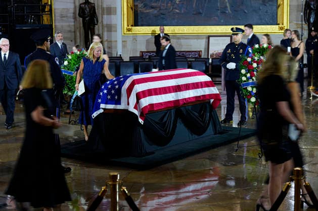 Staff members pay their respects during a Congressional Tribute to honor the late Sen. Lindsey Graham in the Rotunda of the U.S. Capitol in Washington DC on Tuesday, July 28, 2026. Graham, who served South Carolina in Congress for 31 years, died on July 11 at the age of 71.  WAP20260728951 BONNIExCASH