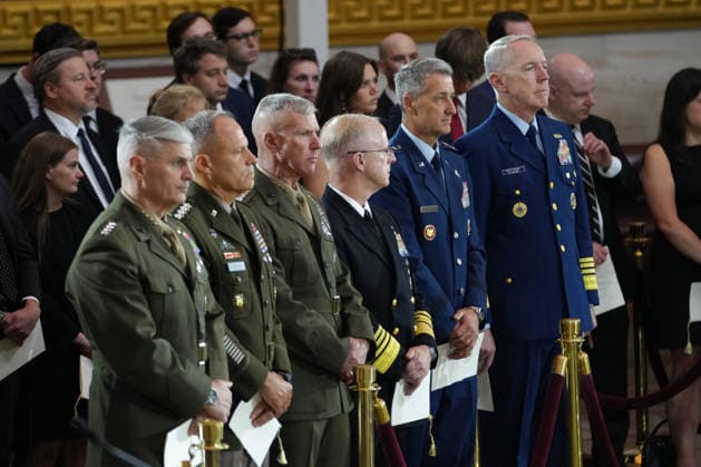 Lindsey Graham Memorial Service in the US Capitol U.S. Vice Chairman of the Joint Chiefs of Staff General Christopher J. Mahoney, Acting Chief of Staff of the U.S. Army General Christopher LaNeve, Commandant of the Marine Corps General Eric Smith, Chief of Naval Operations Admiral Daryl Caudle, Chief of the National Guard Bureau General Steven Nordhaus and Coast Guard Commandant Kevin Lunday stand before a Congressional Tribute at the U.S. Capitol in Washington, D.C., U.S., July 28, 2026. Credit: Nathan Howard Pool via CNP Washington District of Columbia United States of America EDITORIAL USE ONLY Copyright: xx DSC07764_BAF-6471673 NathanxHowardx-xPoolxviaxCNPx cnpphotos338116