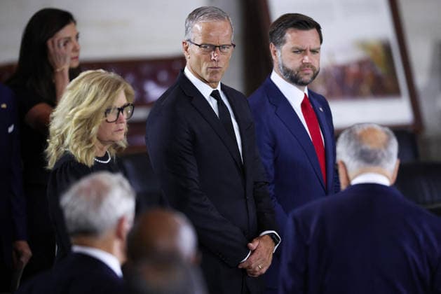 Lindsey Graham Memorial Service in the US Capitol WASHINGTON, DC - JULY 28: (L-R) U.S. Sen. Marsha Blackburn (R-TN), U.S. Sen. Majority Leader John Thune (R-SD) and U.S. Vice President JD Vance attend a memorial tribute for the late U.S. Sen. Lindsey Graham (R-SC) in the Rotunda of the U.S. Capitol on July 28, 2026 in Washington, DC. Graham, who was elected to the Senate in 2002, died suddenly on July 11th from an aortic dissection. He was 71 years old. Photo by Win McNamee Pool via CNP ABACAPRESS.COM Washington District of Columbia United States  Copyright: xCNP ABACAx