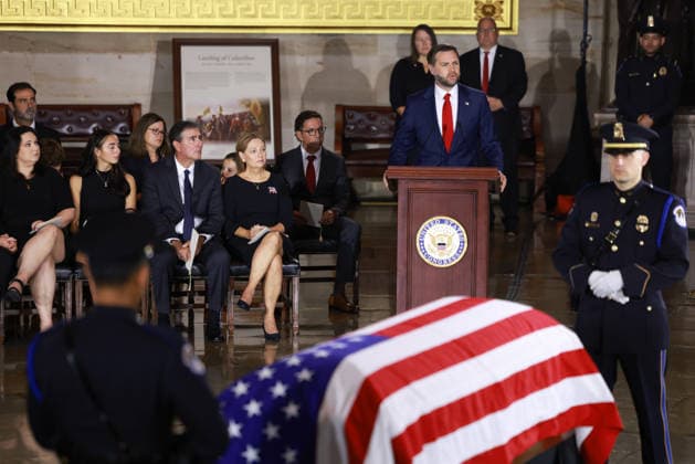 July 28, 2026, Washington, District Of Columbia, USA: US Vice President JD Vance speaks during a ceremony for late Republican Senator Lindsey Graham in the rotunda of the US Capitol in Washington, DC, US, on Tuesday, July 28, 2026. Lindsey Graham, the South Carolina senior senator and foreign policy hawk who changed from a Donald Trump skeptic to one of the US president s strongest allies, died on July 11 at the age of 71 Washington USA - ZUMAs152 20260728_faa_s152_130 Copyright: xTierneyxL.xCrossx-xPoolxviaxCNPx