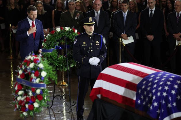 WASHINGTON, DC - JULY 28: U.S. Vice President JD Vance pays his respects over the casket during a memorial tribute for the late U.S. Sen. Lindsey Graham (R-SC) in the Rotunda of the U.S. Capitol on July 28, 2026 in Washington, DC. Graham, who was elected to the Senate in 2002, died suddenly on July 11th from an aortic dissection. He was 71 years old. Copyright: xPoolxphotox 2026xGettyxImagesxfromxConsolidatedxNewsxPhotosxAllxRightsxReservedx MediaPunchx