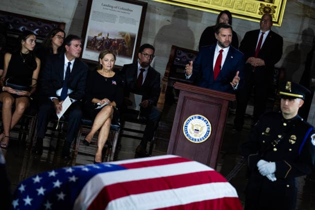Lindsey Graham Congressional Tribute UNITED STATES - JULY 28: Sen. Darline Graham, R-S.C., and her husband Larry Nordone, listen to Vice President JD Vance deliver remarks about her late brother, Sen. Lindsey Graham, R-S.C., during a Congressional tribute ceremony in the U.S. Capitol Rotunda on Tuesday, July 28, 2026. (Tom Williams CQ Roll Call) Washington DC United States EDITORIAL USE ONLY Copyright: x2026xCQ-RollxCall,xInc.x TomxWilliamsx rollcallpix172274
