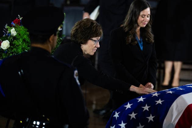 Lindsey Graham Congressional Tribute UNITED STATES - JULY 28: Sens. Susan Collins, R-Maine, left, and Katie Britt, R-Ala., pay respects to the late Sen. Lindsey Graham, R-S.C., during a Congressional tribute ceremony in the U.S. Capitol Rotunda on Tuesday, July 28, 2026. (Tom Williams CQ Roll Call) Washington DC United States EDITORIAL USE ONLY Copyright: x2026xCQ-RollxCall,xInc.x TomxWilliamsx rollcallpix172270